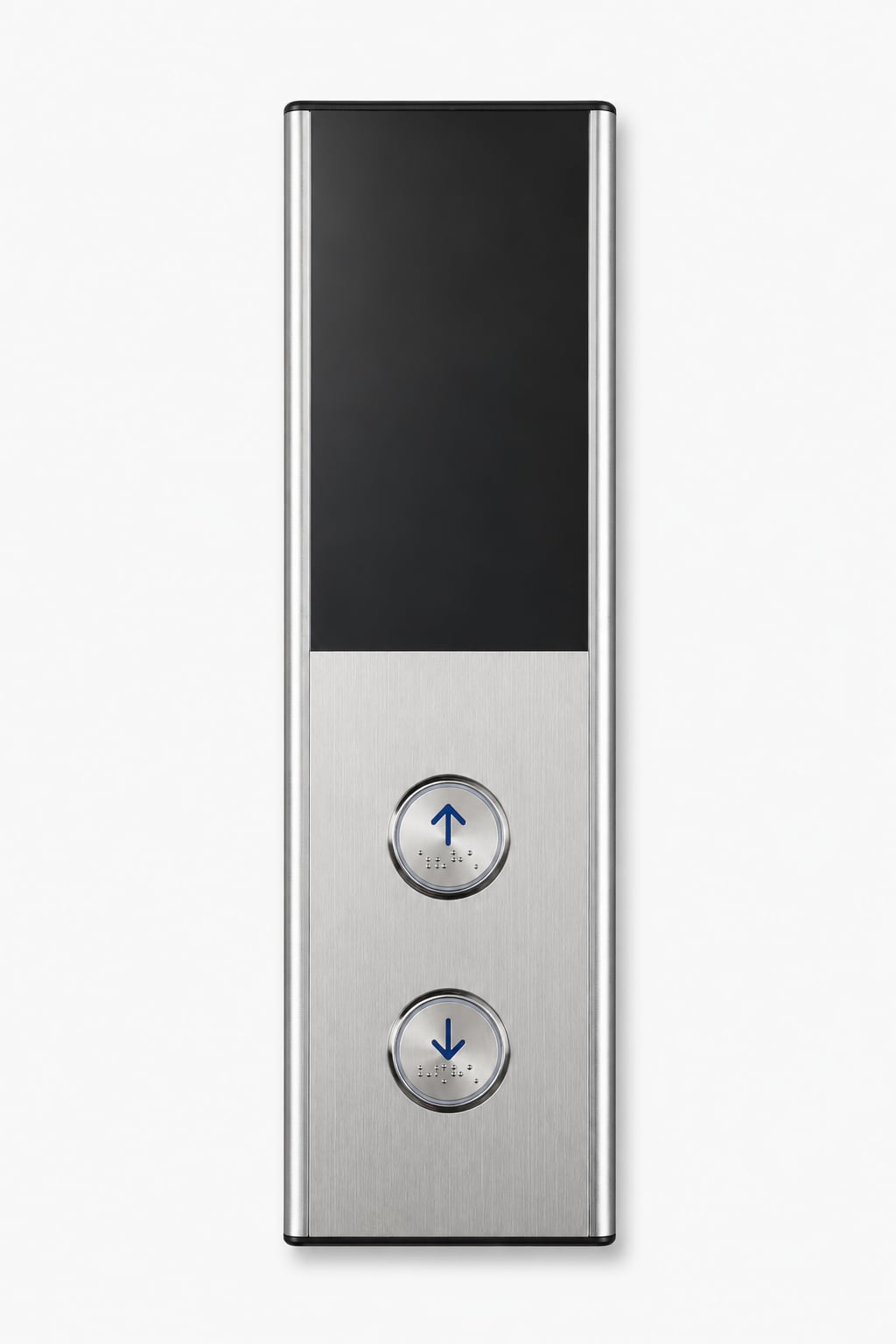 Front view of a TYON landing operating panel with interactive up and down call buttons