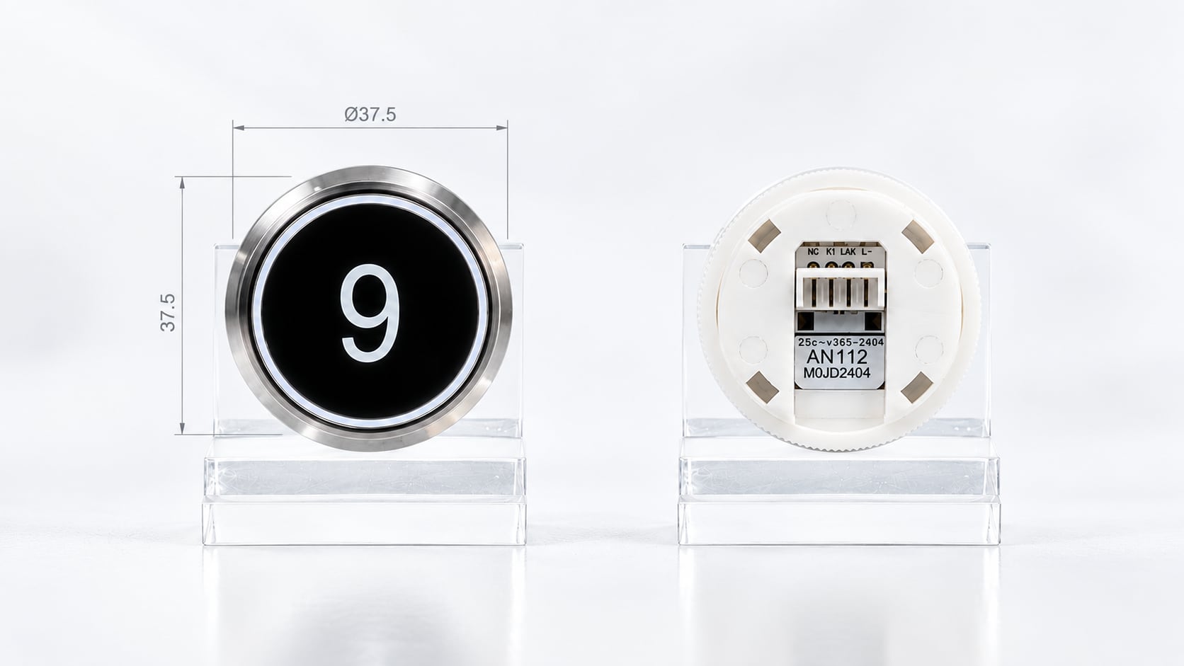 Front and rear views of a 37.5 millimetre elevator button with dimensional markings and connector details