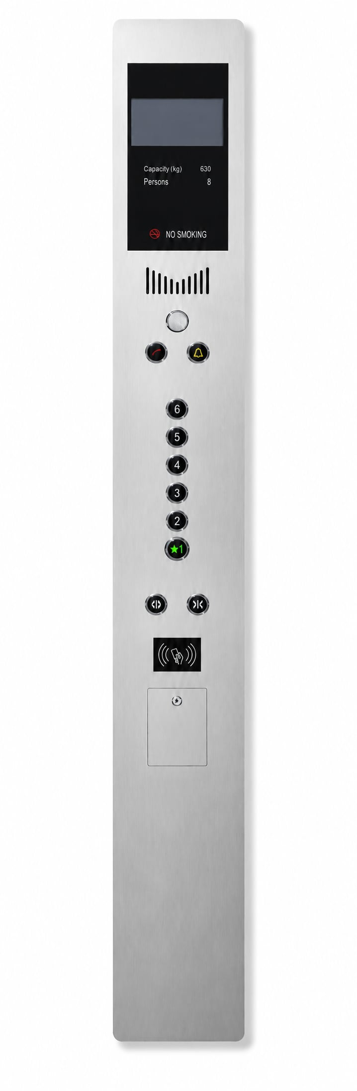 Front view of a TYON car operating panel with six destination buttons and door controls